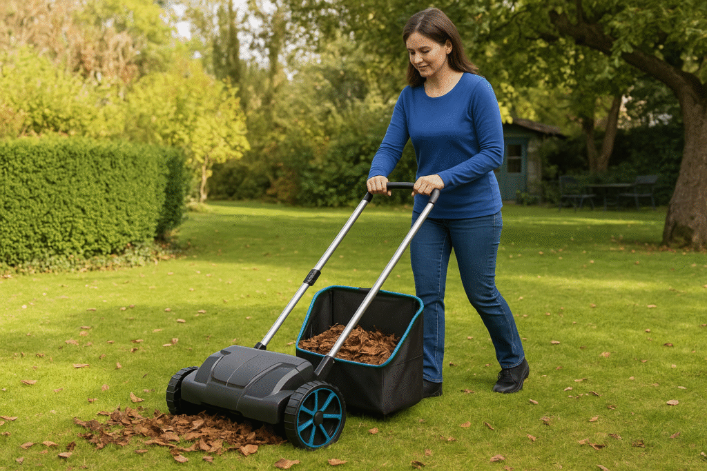 nainen kerää lehtiä lehtien kerääjällä