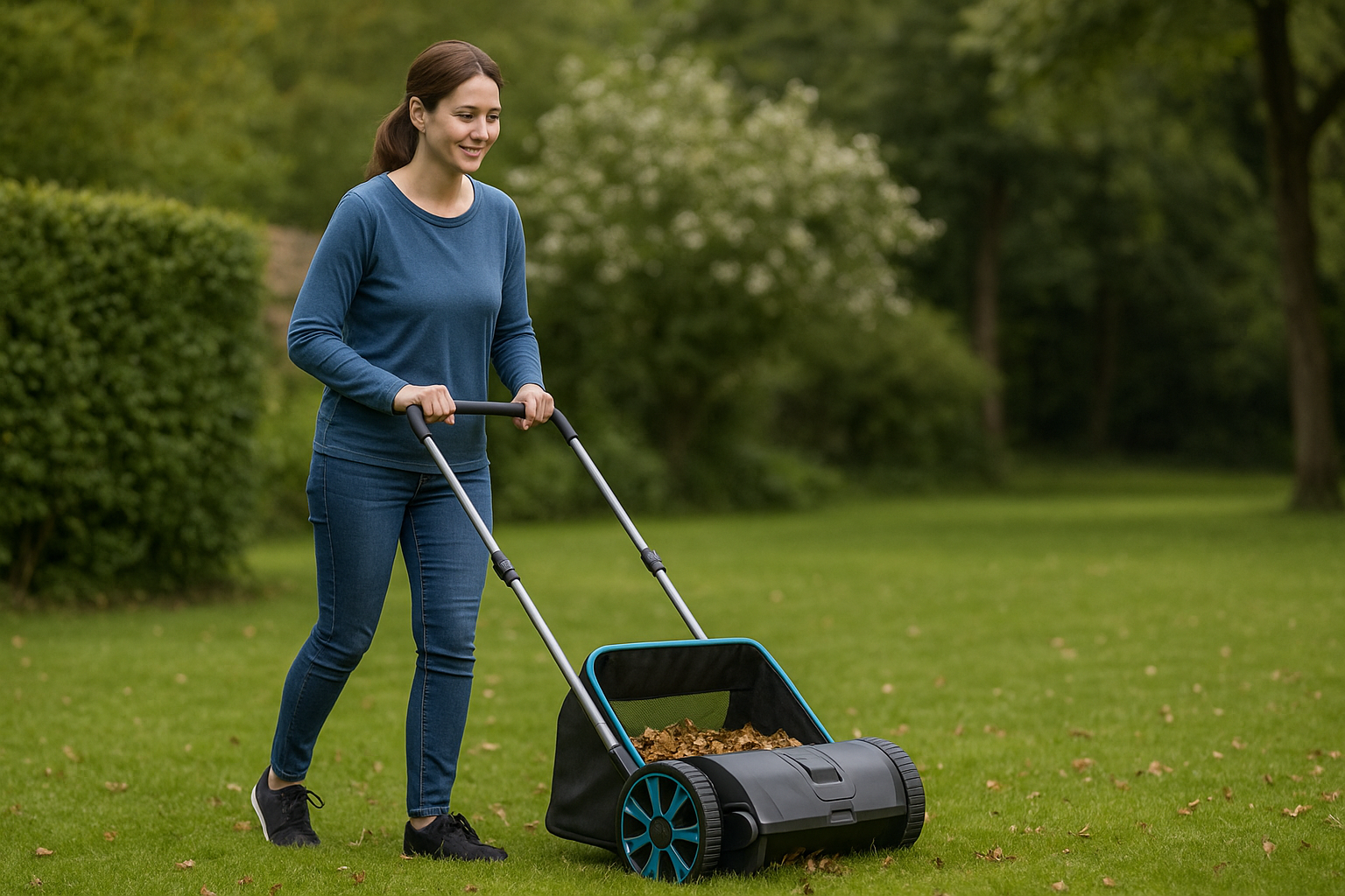 nainen käyttää työnnetävää ruohonkerääjää