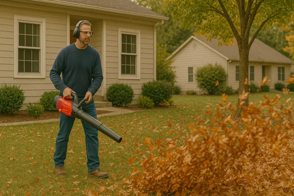 mies puhaltaa lehtiä lehtipuhaltimella