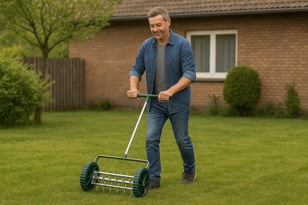 mies ilmaa nurmikkoa käsikäyttöisen nurmikon ilmaajalla