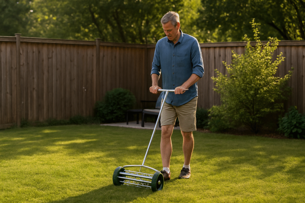 mies ilmaa nurmikkoa käsikäyttöisellä nurmikon ilmaajalla