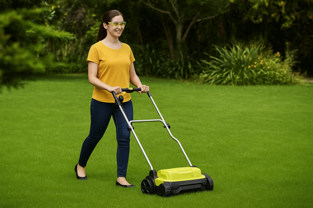 nainen ilmaan ruohoa nurmikonilmaajalla