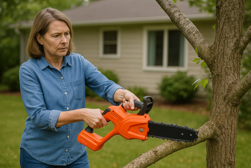 nainen käyttää oksasahaa leikatakseen oksia