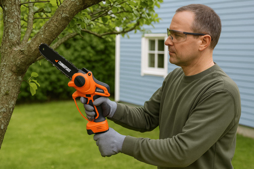 mies käyttää oksasahaa