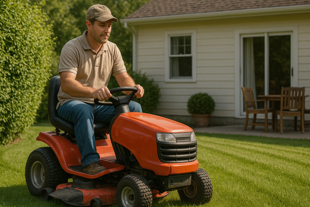 mies ajaa päältäajettavalla ruohonleikkurilla