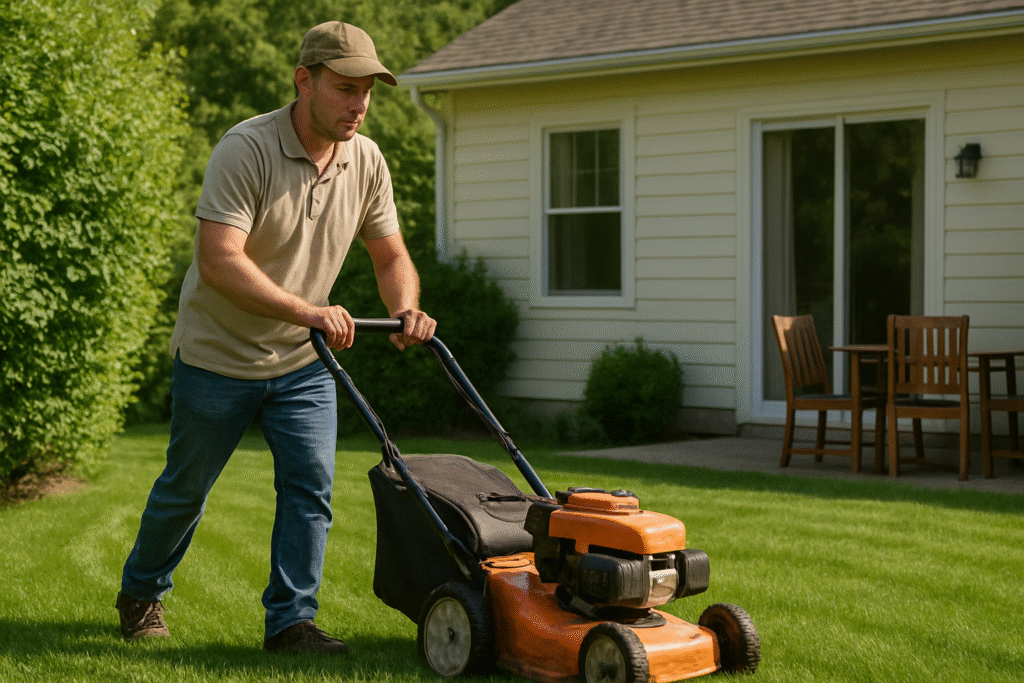 mies leikkaa ruohoa ruohonleikkurilla