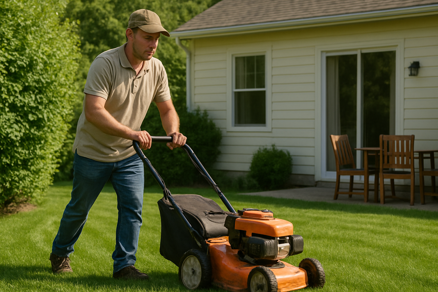 mies leikkaa ruohoa ruohonleikkurilla