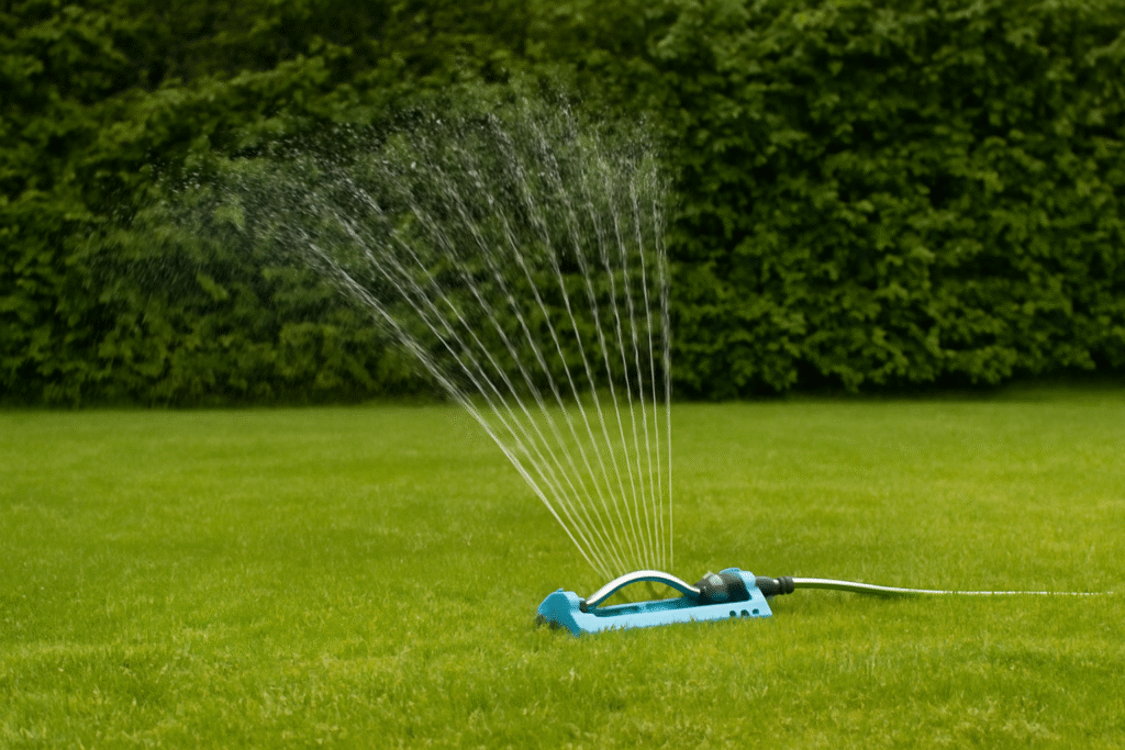 sadetin pihalla kastelemassa nurmikkoa