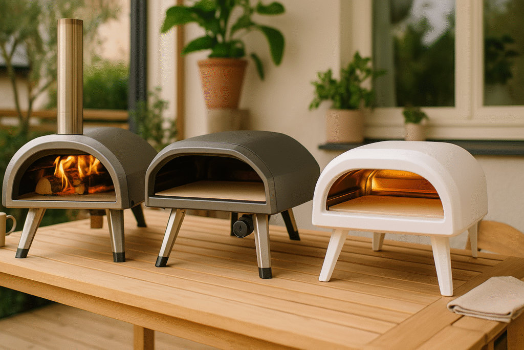 kolme pizzauunia vierekkäin terassin pöydällä