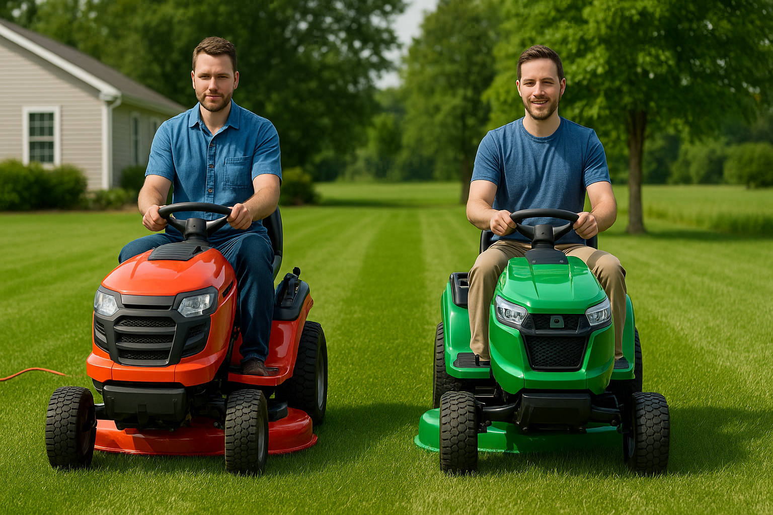 kaksi miestä ajaa kilpaa bensakäyttöisellä ja akkukäyttöisellä päältäajettavalla ruohonleikkurilla
