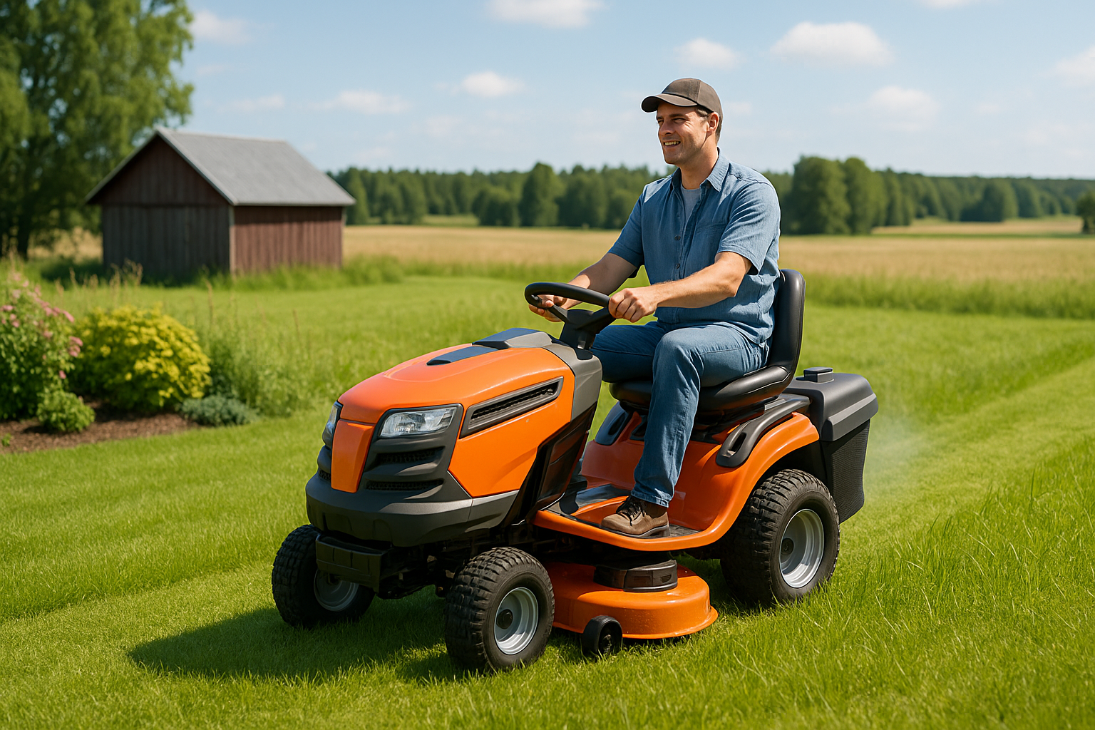 mies ajaa ruohoa ajettavalla ruohonleikkurilla