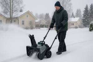 mies käyttää akkulumilinko pihalla