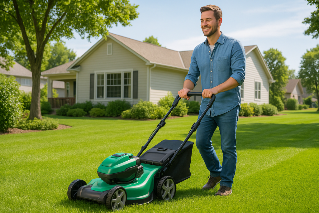 akkuruohonleikkuri pihalla nurmikolla