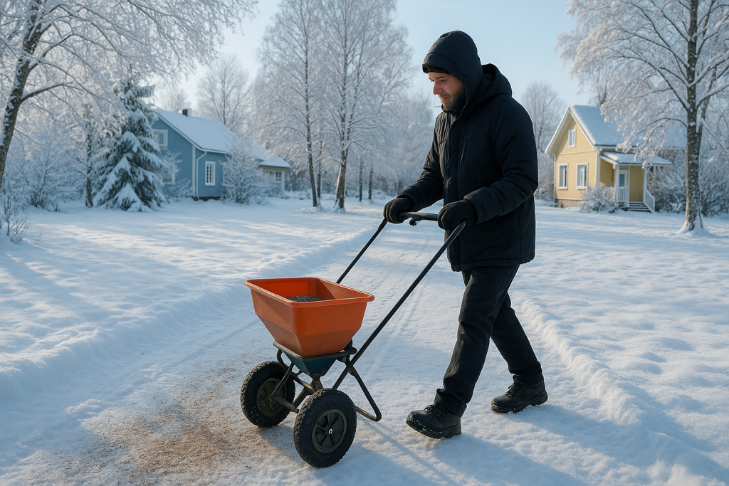 mies käyttää hiekoitinta pihatiellä