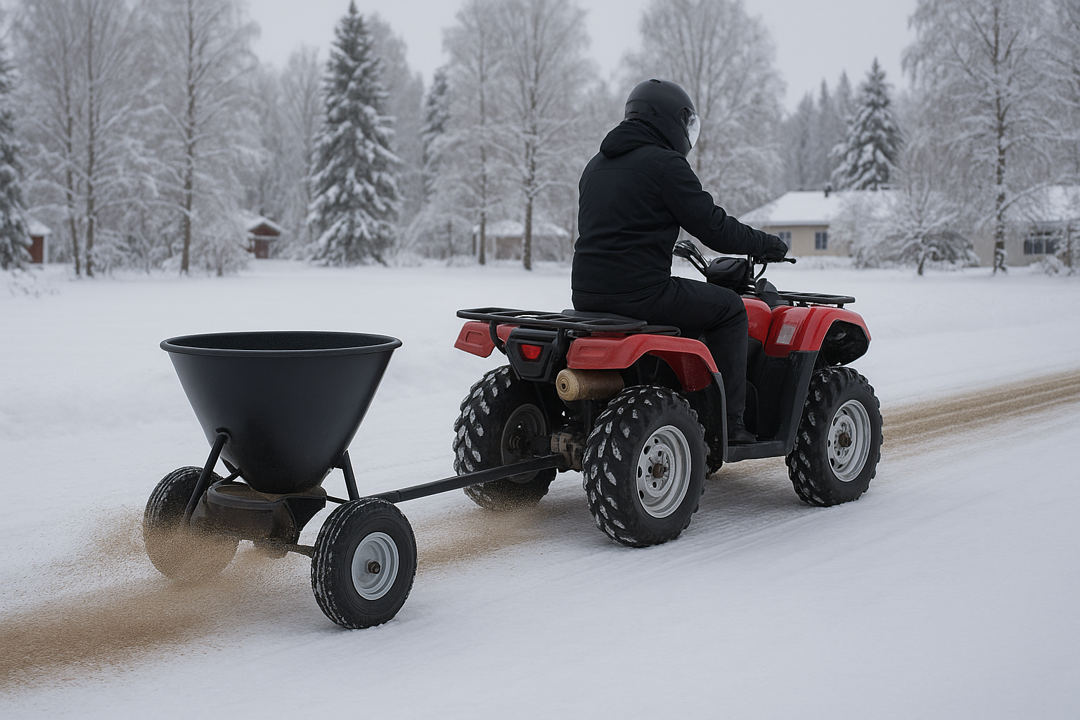 mies ajaa mönkijällä jonka perässä on hiekoitin