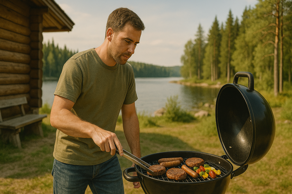 hiiligrillin käyttöä mökkimaisemissa järven rannalla