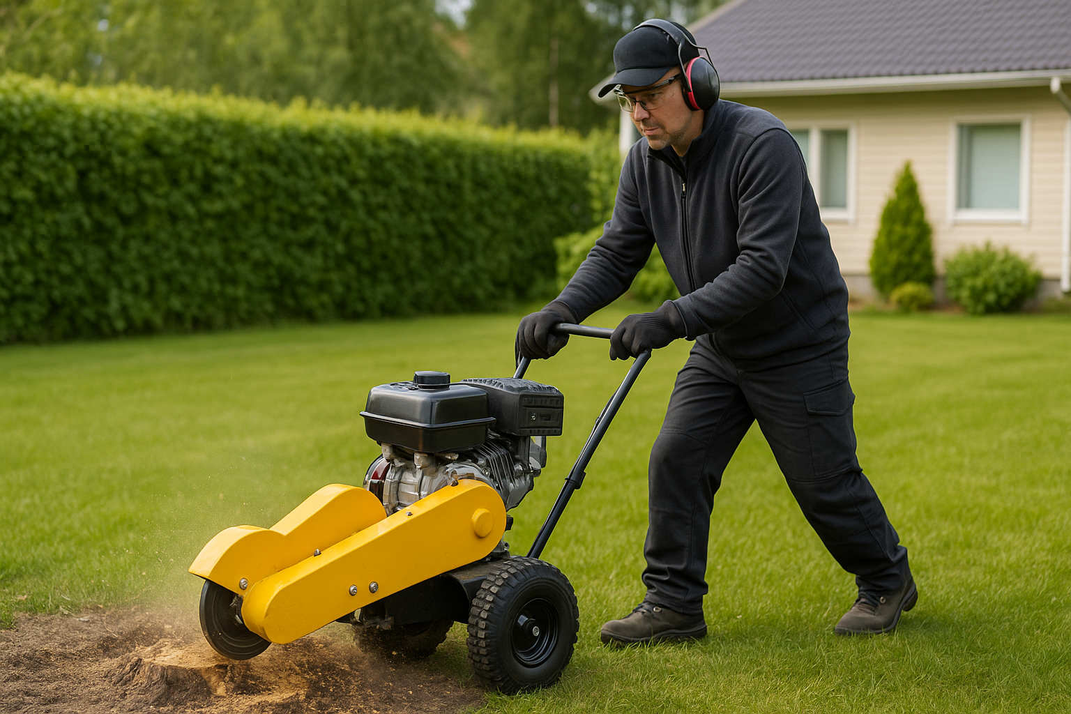 mies käyttää kantojyrsintä takapihallaan