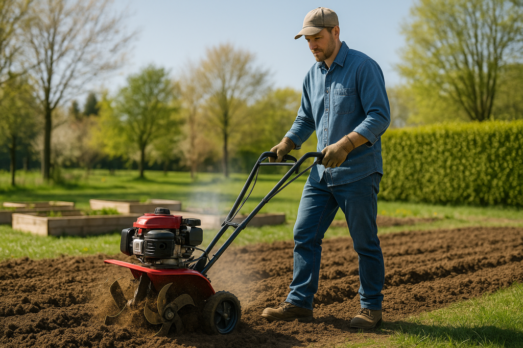 mies käyttää jykevää maanjyrsintä palstalla