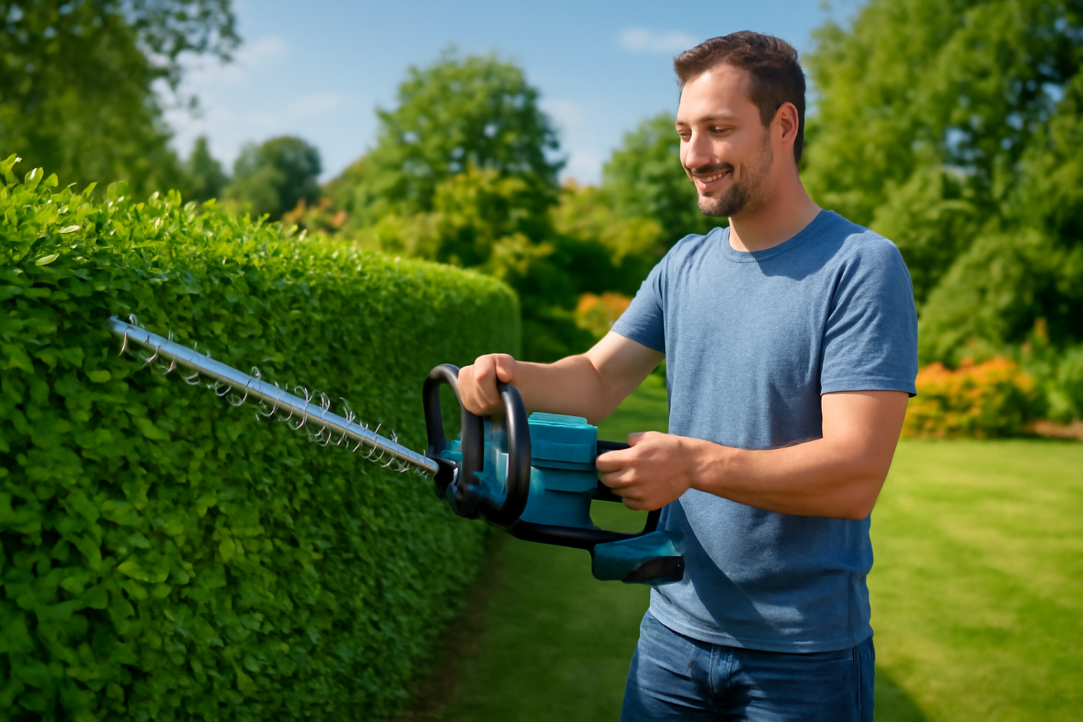 mies leikkaa aitaa pensasleikkurilla