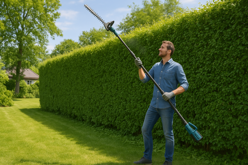mies leikkaa puuta pitkävartisella pensasleikkurilla