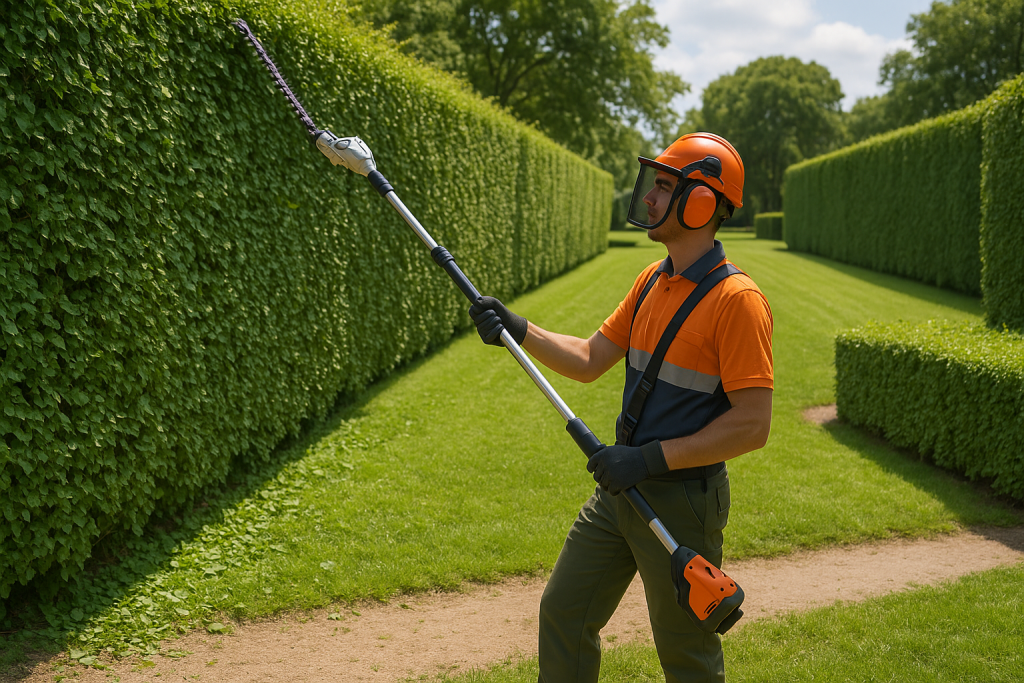 työmies leikkaa pensasta pitkävartisella teleskooppi pensasleikkurilla