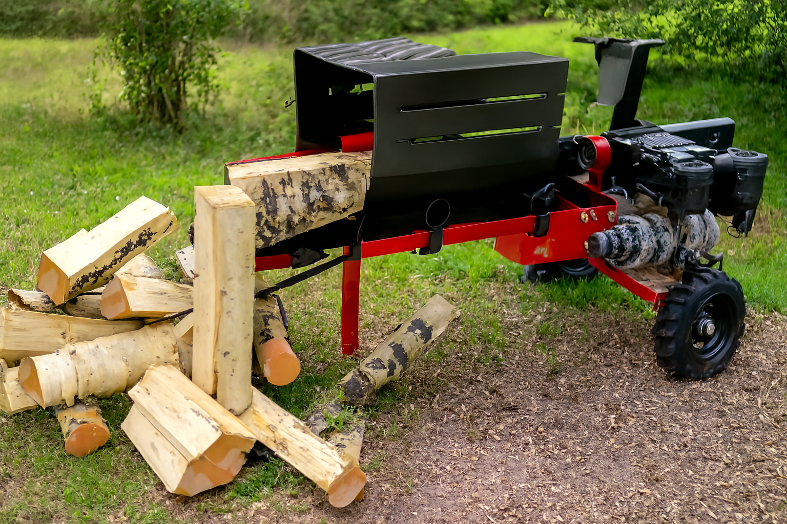 bensakäyttöinen polttomoottori halkomakone ja isoja klapeja