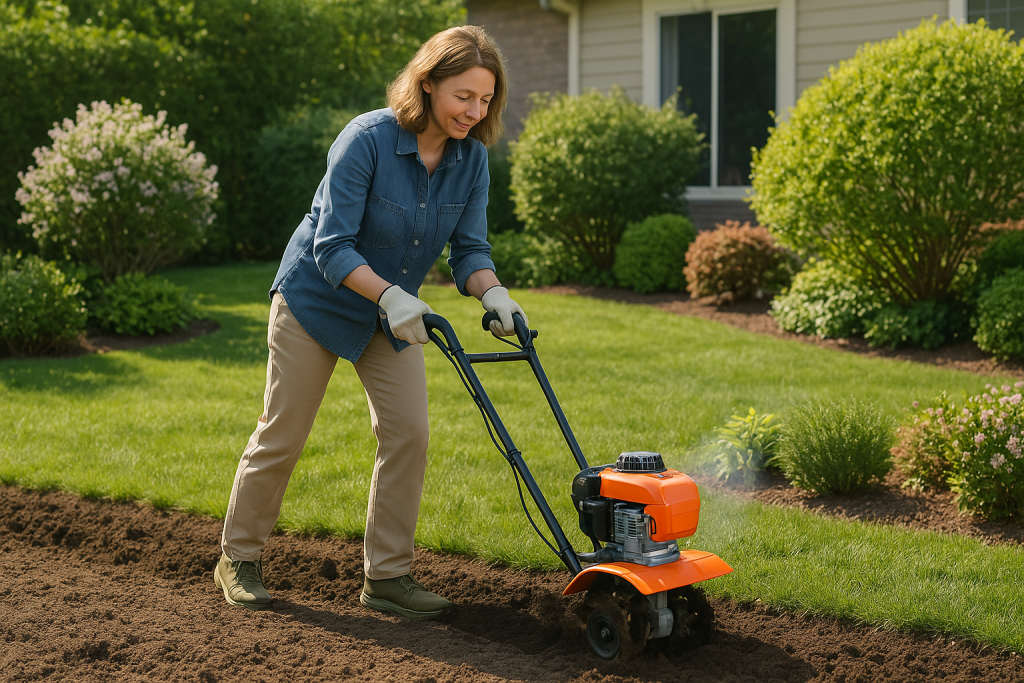 naisella kevyt puutarhajyrsin käytössä