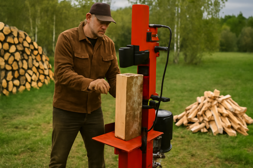 mies käyttää pystymallista halkomakonetta ja tekee klapeja