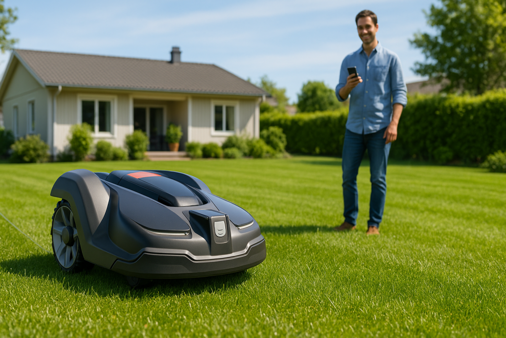 mies puhelin kädessä säätämässä rajalangatonta robottiruohonleikkuria