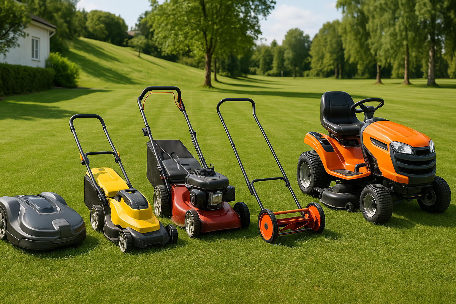 eri ruohonleikkurit vertailussa vierekkäin nurmikkokentällä