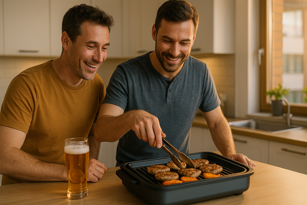 kaksi miestä grillaamassa sähkögrillillä keittiössä