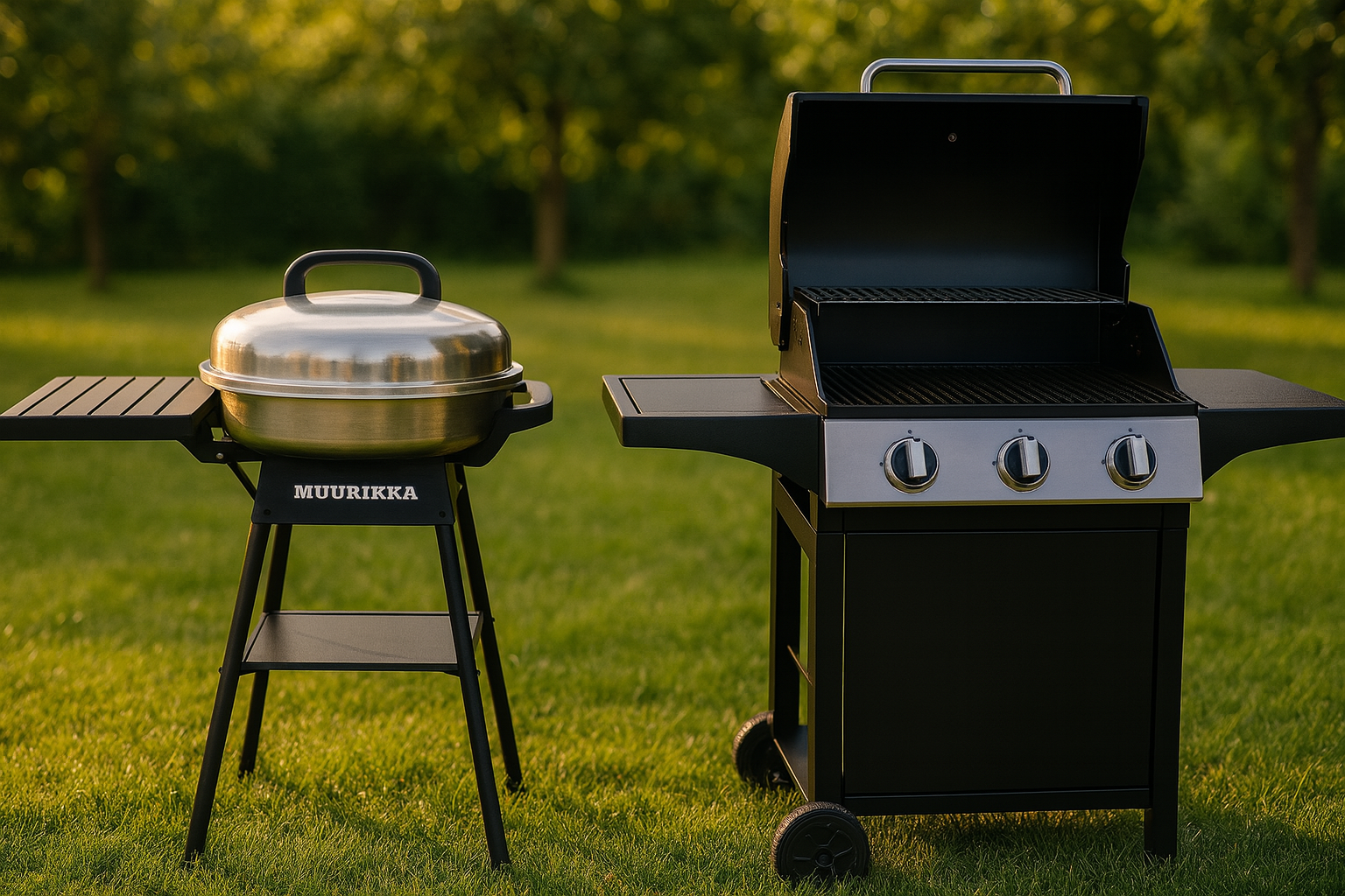 sahkogrilli ja kaasugrilli nurmikolla
