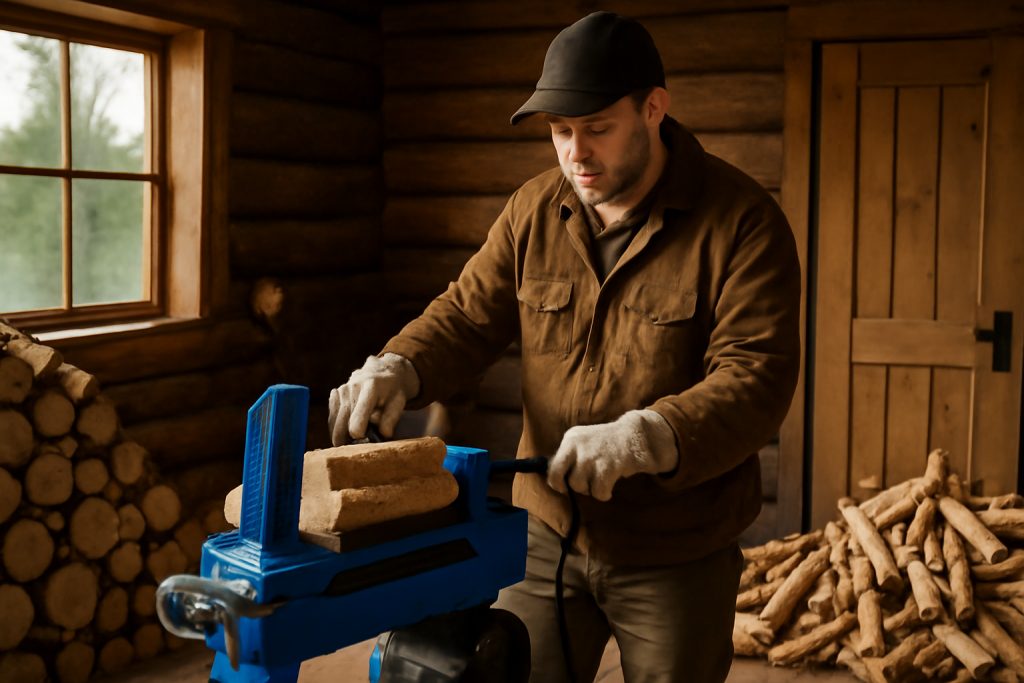 mies käyttää sähkö klapikonetta varastossa