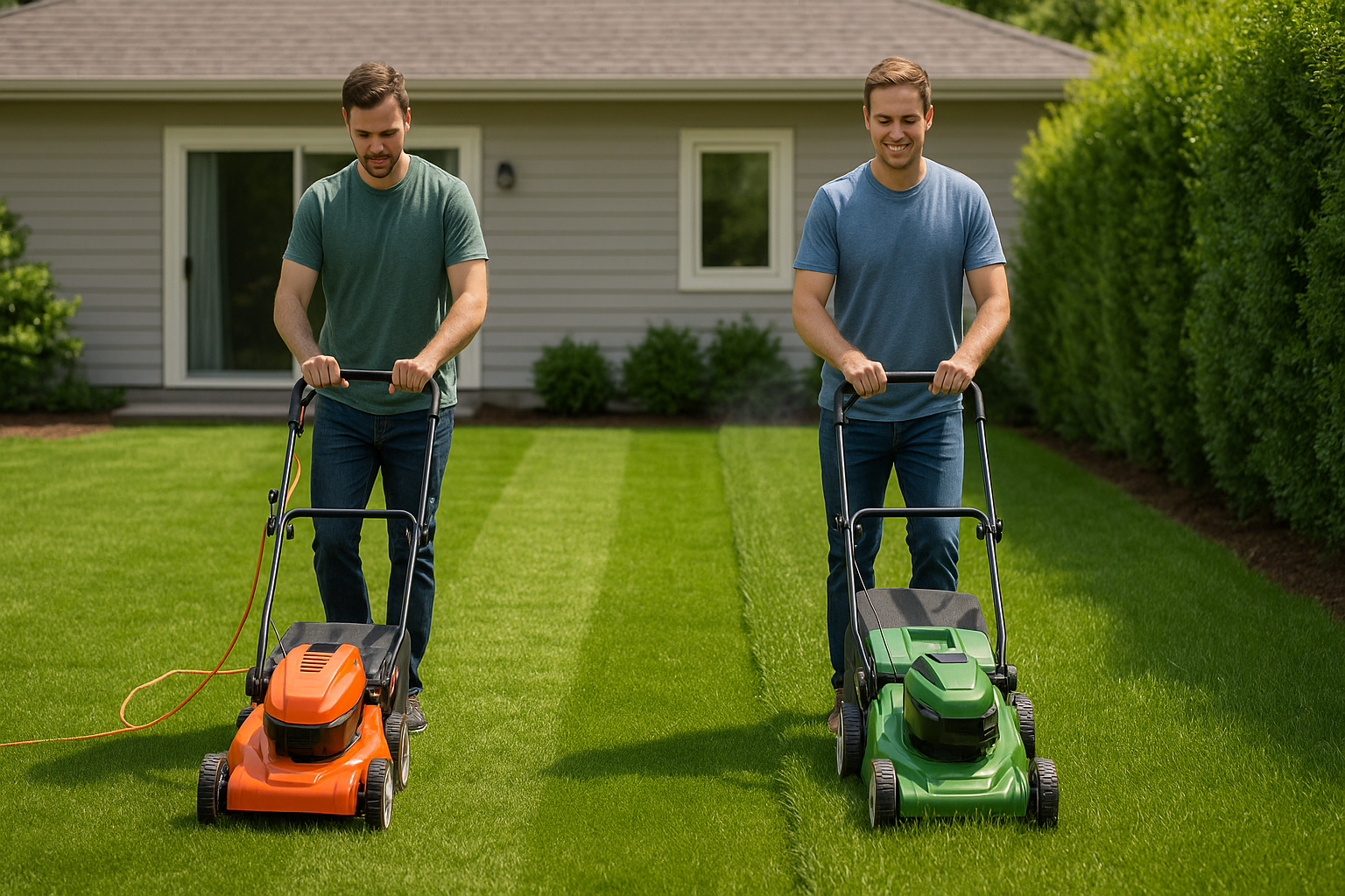 sahkokayttoinen ja akkuruohonleikkuri vierekkäin kun miehet vertailee