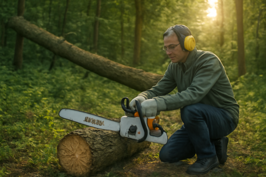 akkukäyttöinen moottorisaha käytössä metsässä miehellä