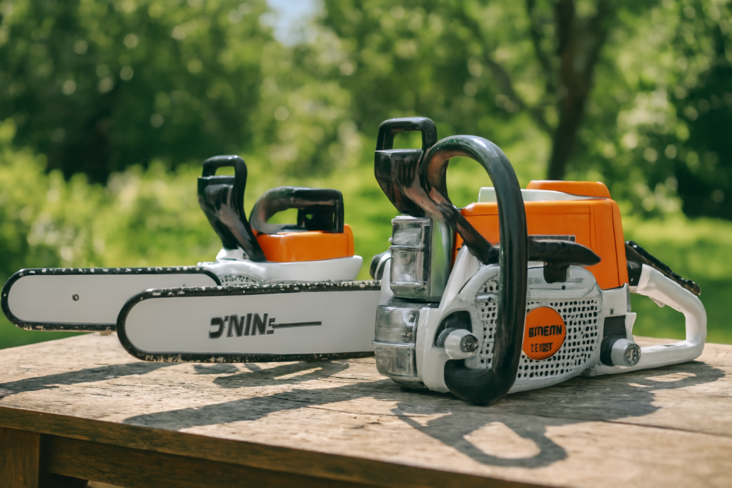 akkusaha ja bensiinikäyttöinen moottorisaha vierekkäin