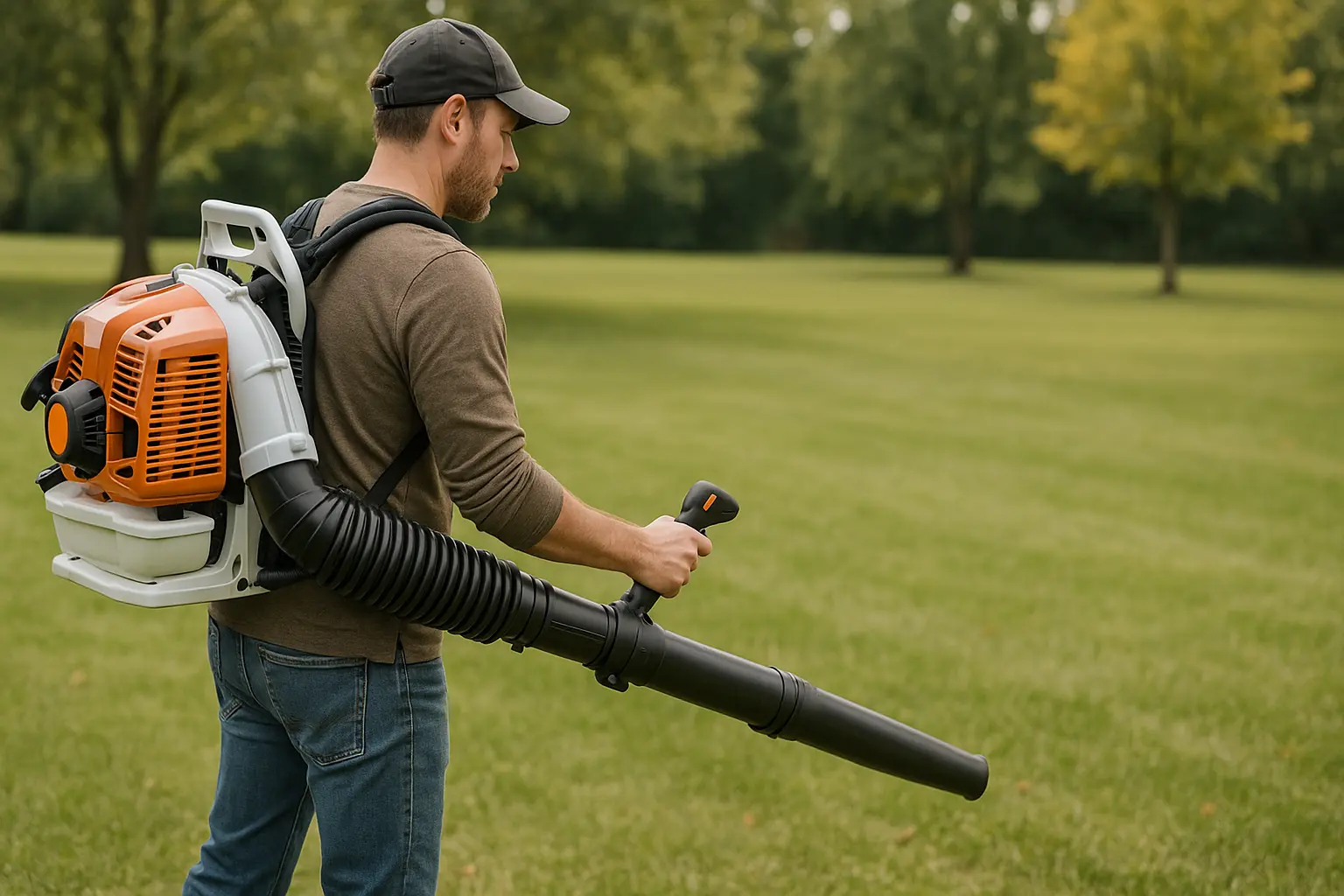 mies käyttää hyvää bensiinikäyttöistä lehtipuhallinta/reppupuhallinta