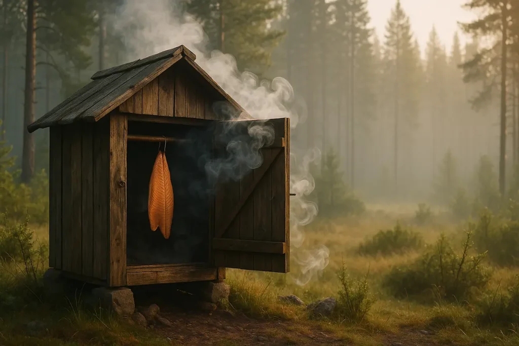 Kylmäsavustus metsäisessä pihapiirissä, perinteinen savustuslaatikko ja kalafile savustumassa