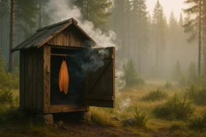 Kylmäsavustus metsäisessä pihapiirissä, perinteinen savustuslaatikko ja kalafile savustumassa