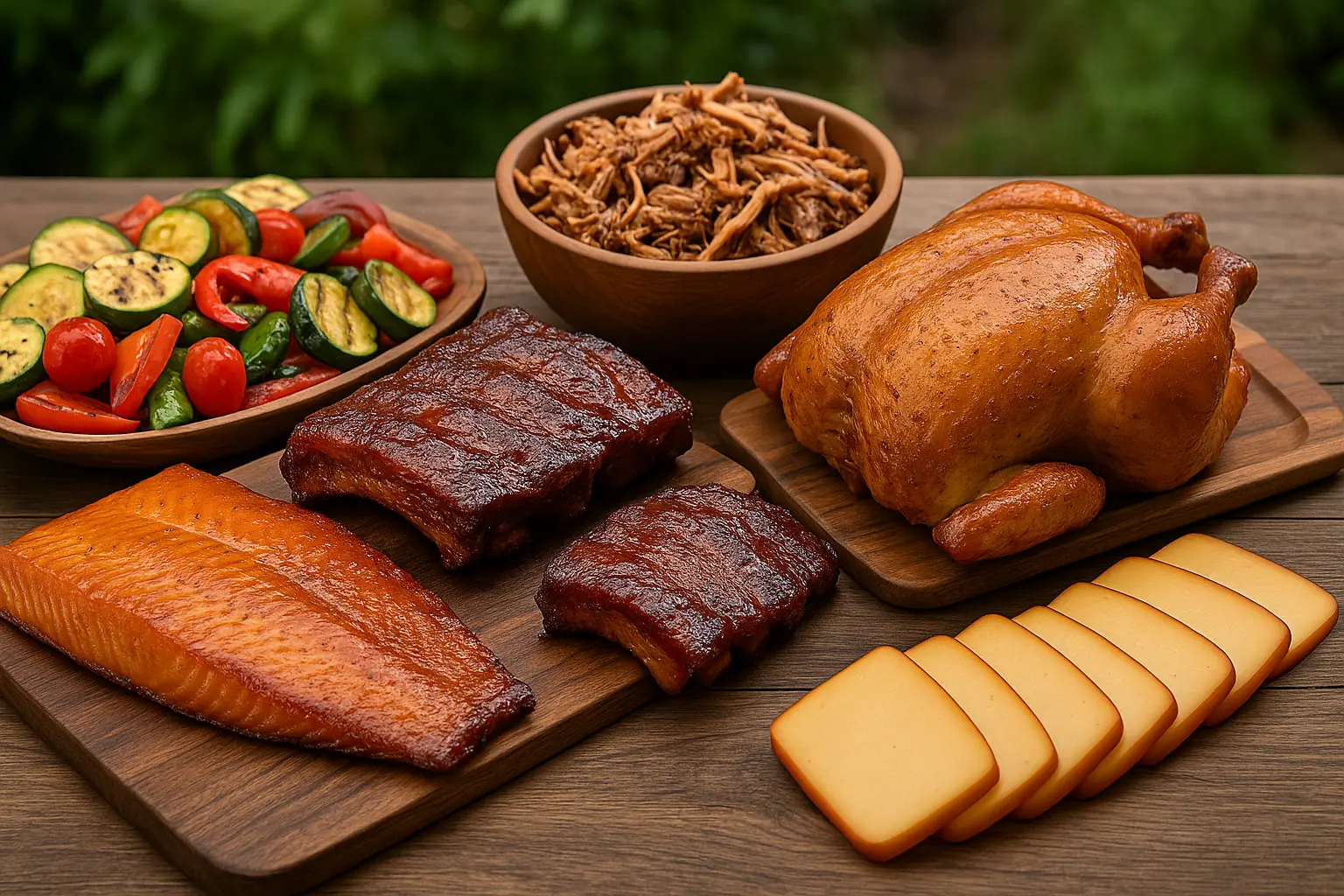 kaasusavustimella savustettuja ruokia pöydällä