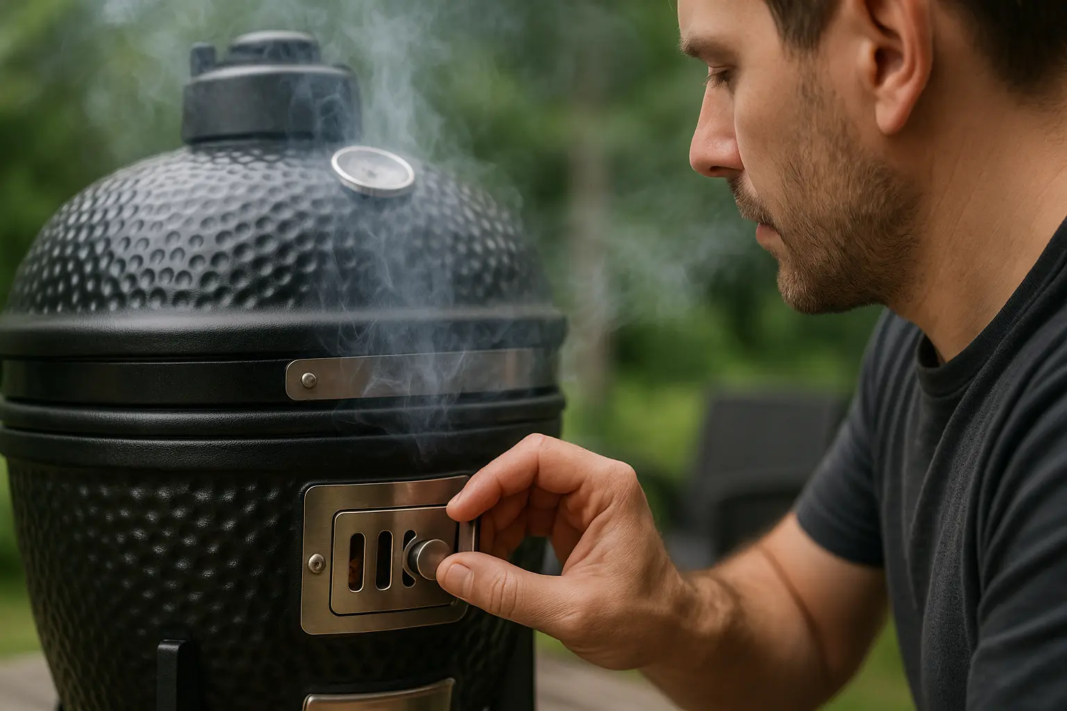 mies säätää keraamisen kamado grillin tuuletusluukkuja