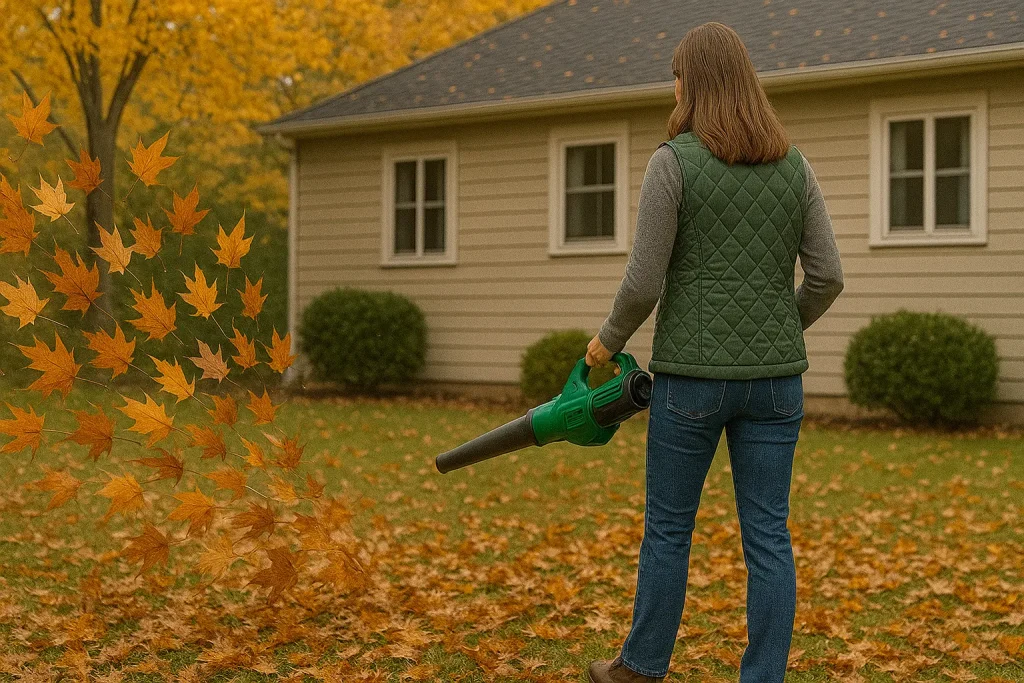nainen puhaltaa lehtiä akkukäyttöisellä lehtipuhaltimella