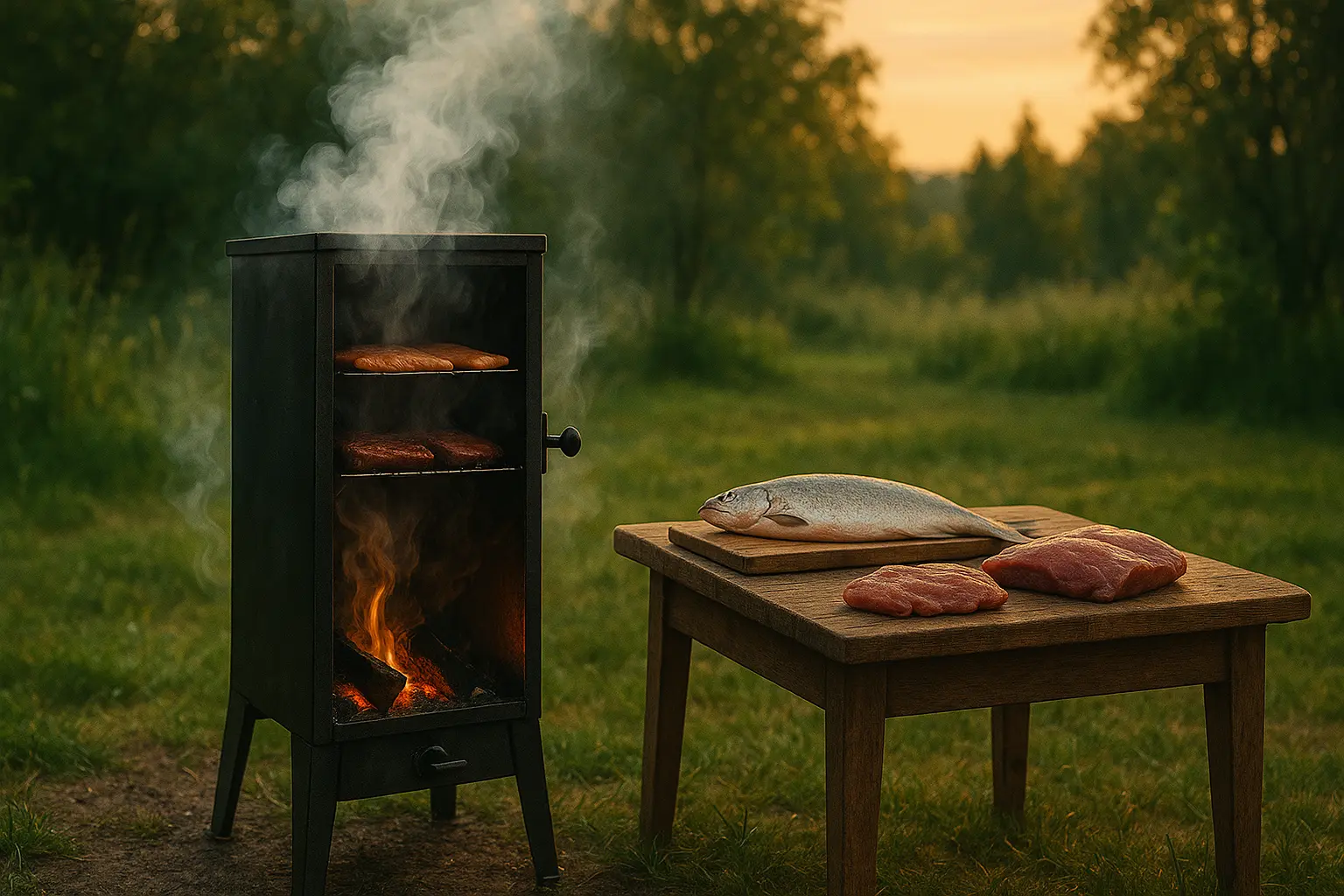 kalaa ja lihaa odottamassa puu savustimeen menoa