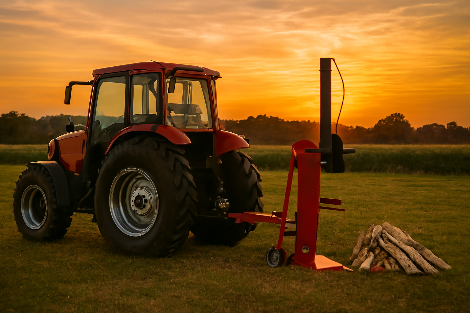 traktorikäyttöinen halkomkone auringonlaskussa