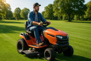 Henkilö ajaa päältäajettavalla ruohonleikkurilla isolla vihreällä pihalla – paras päältäajettava ruohonleikkuri.