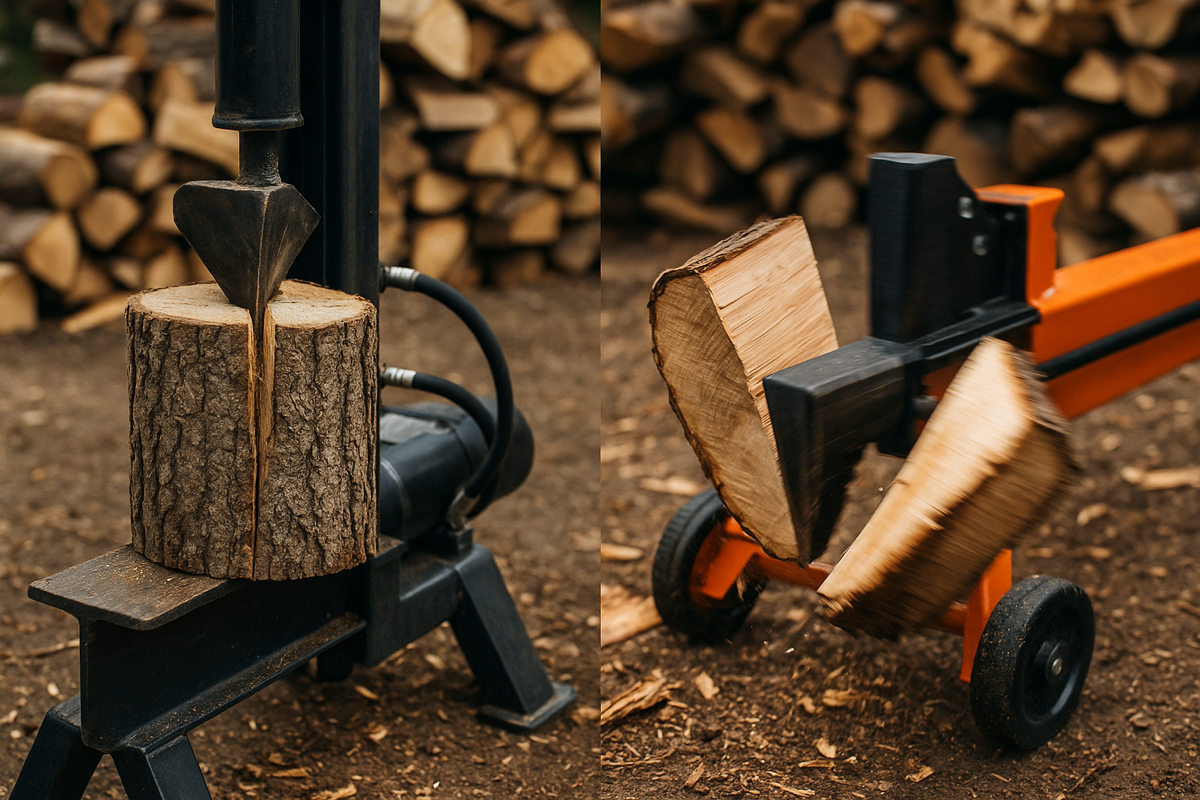 Hydraulinen ja kineettinen klapikone vertailevassa käytössä, toinen hitaasti työntää kiilaa, toinen halkaisee nopeasti
