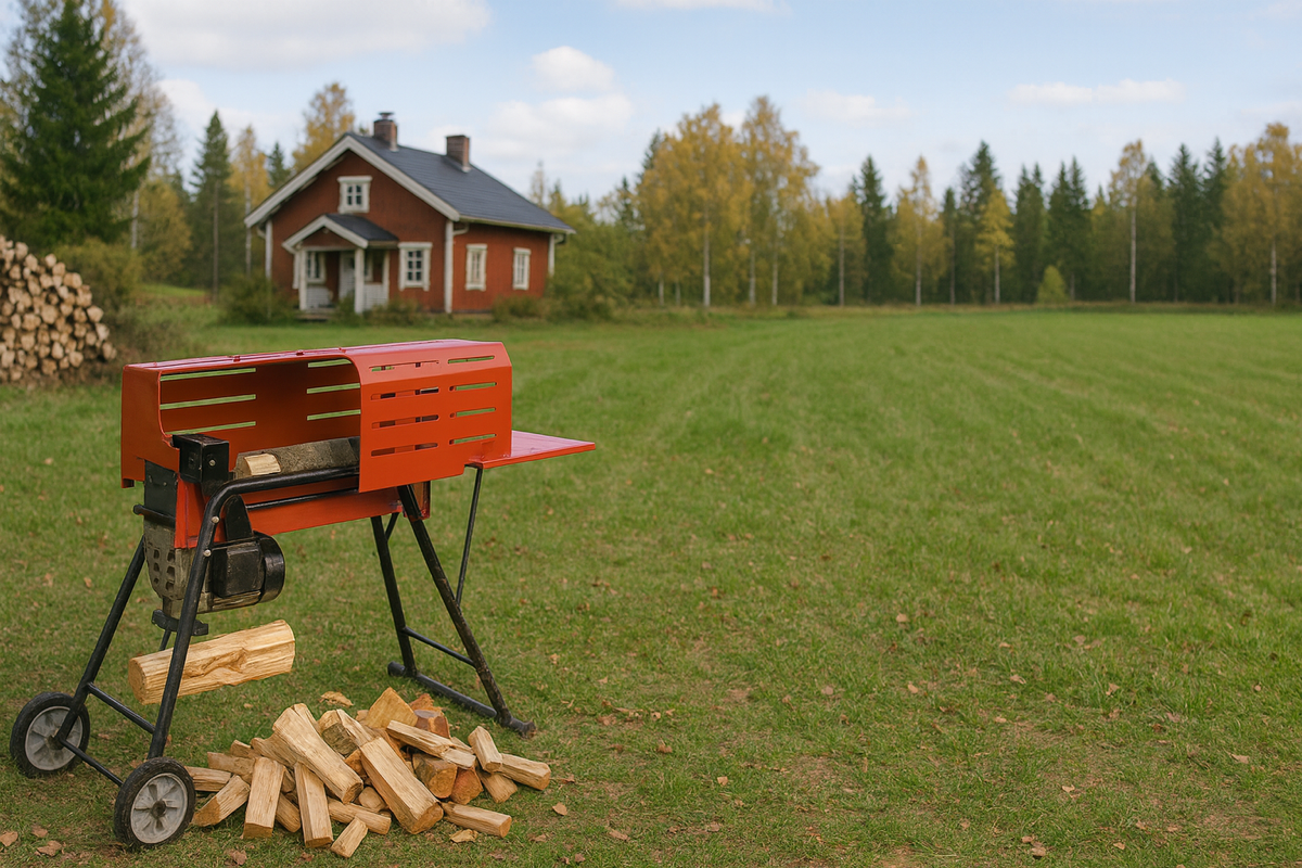 Klapikone mökin pihassa, klapeja maassa