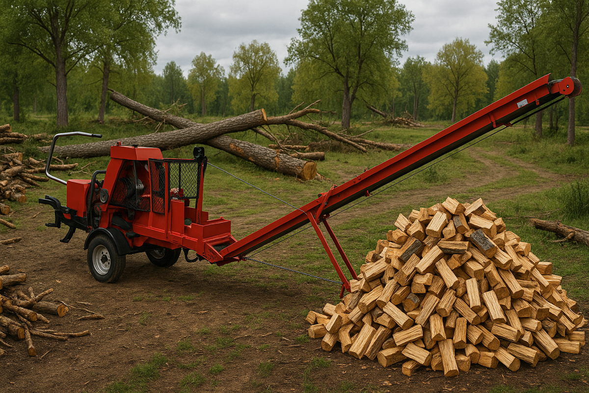 Punainen klapikone ammattikäyttöön metsässä suuren klapikasan ja kaatuneiden puiden seassa