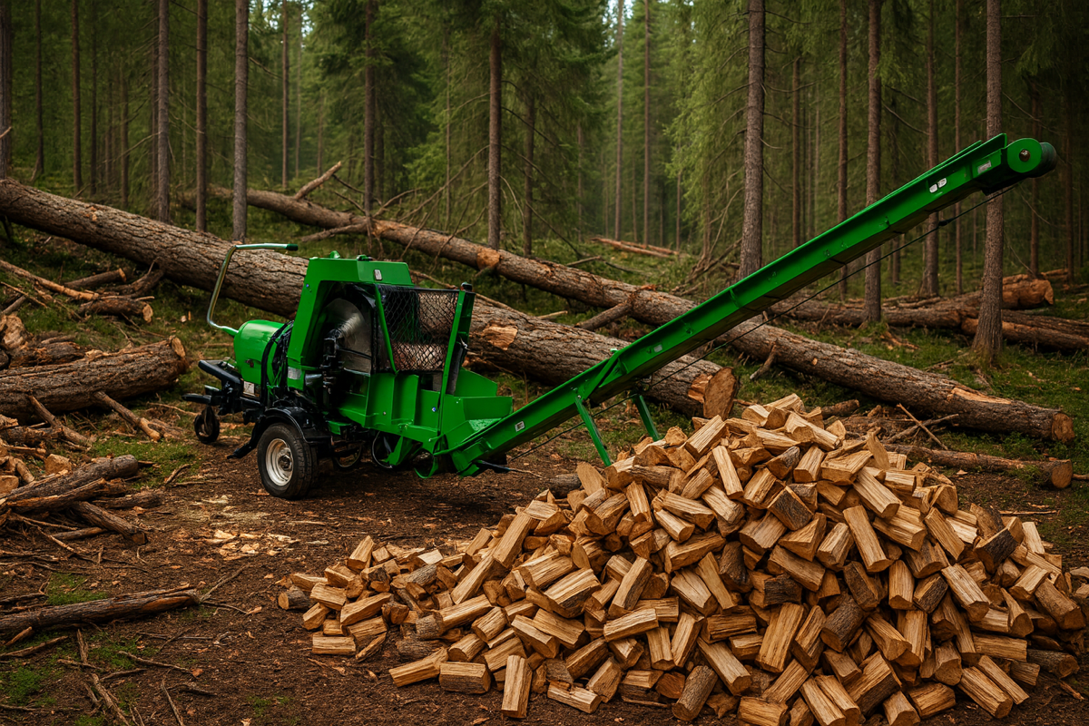 Ammattikäyttöön tarkoitettu klapikone metsässä suuren klapikasan ja kaatuneiden puiden keskellä