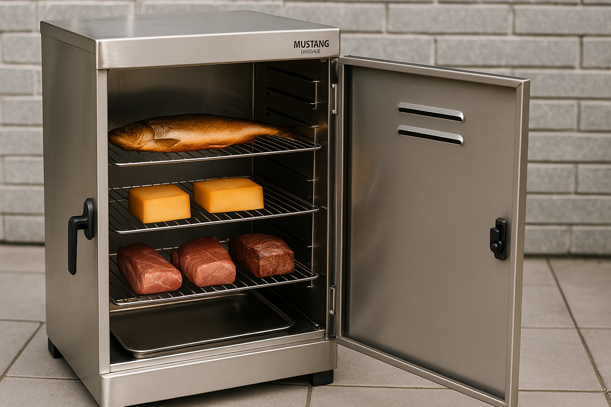 Kylmäsavustuskaappi avattuna, sisällä kalaa, lihaa ja juustoa ritilöillä.